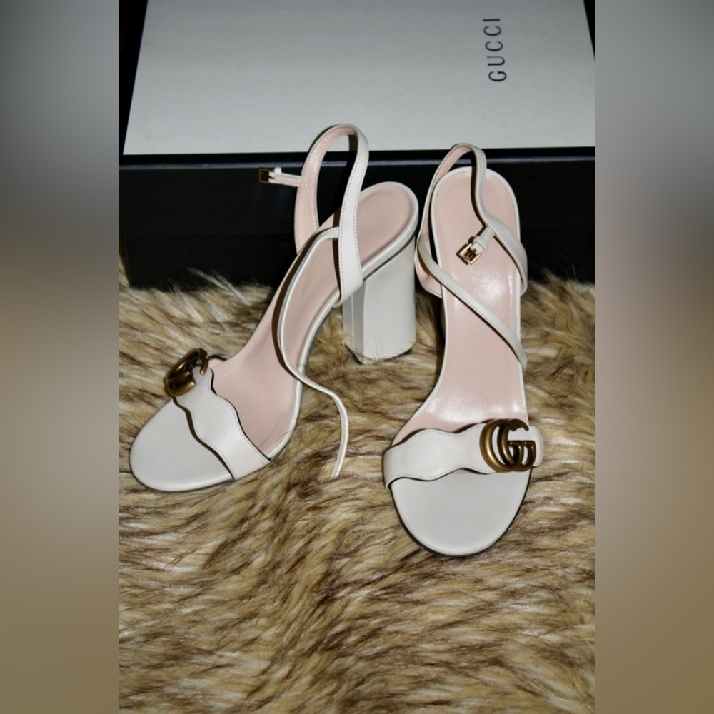 Gucci Leather GG Marmont Open Toe Block Heel Slingback Sandals